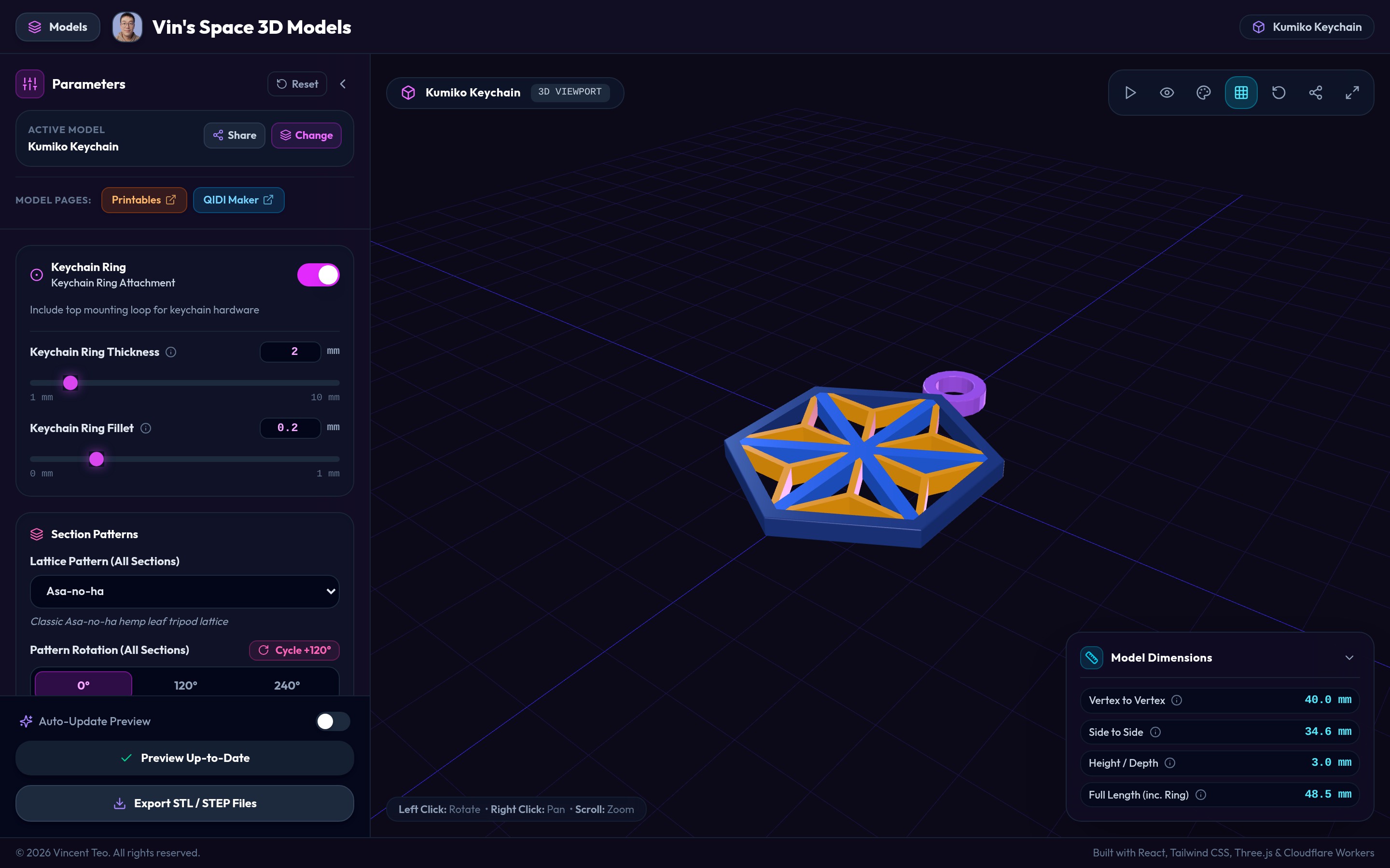 Kumiko Keychain Customiser main interface overview showing 3D viewport and parameter sidebar