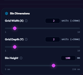 Bin Dimensions configuration in the customiser