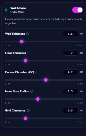 Wall and Base settings in the customiser