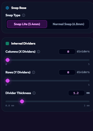 Snap Base selection and Internal Dividers configuration