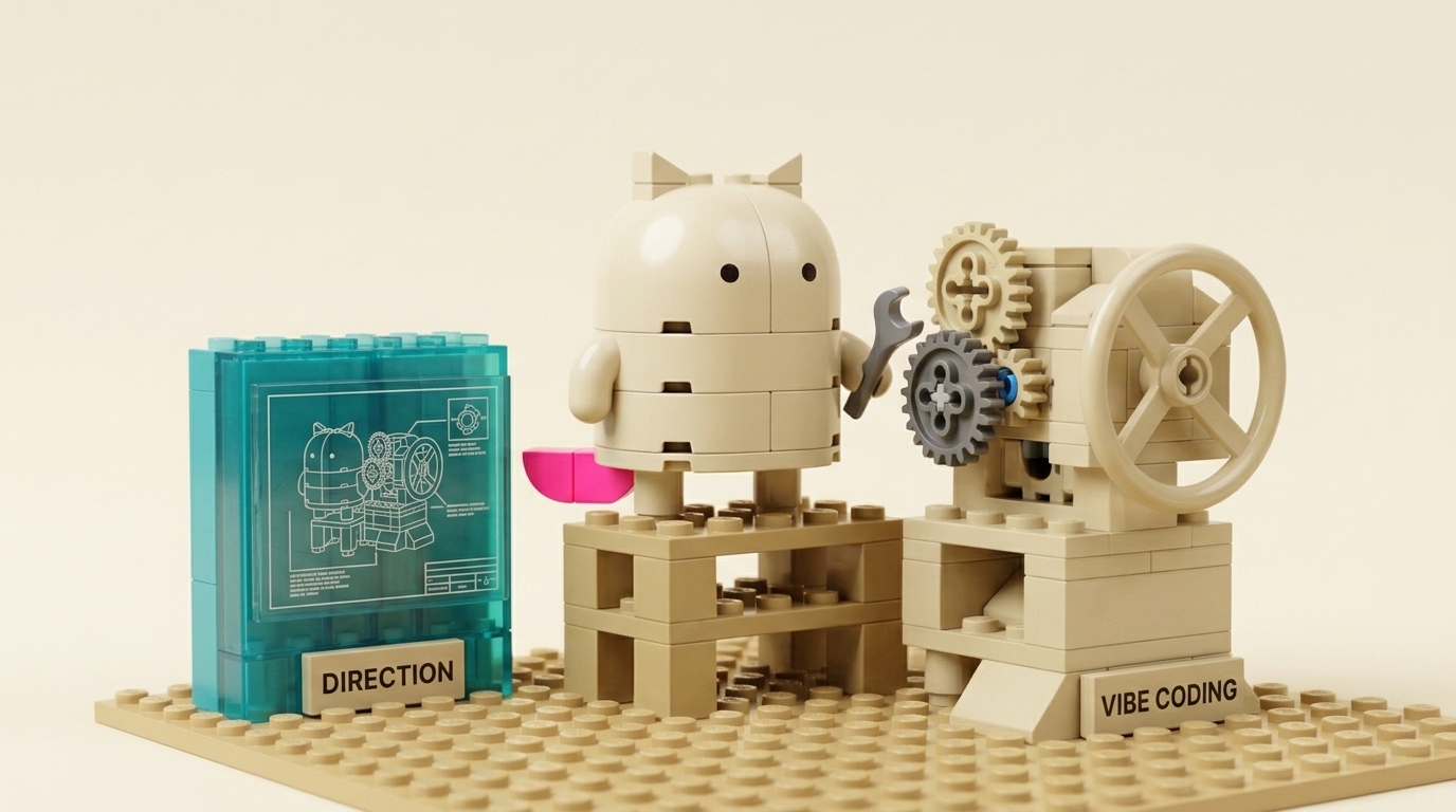 Vibe Coding a LEGO Dimensions NFC Server illustration featuring Blot mascot operating a machine with direction and vibe coding labels