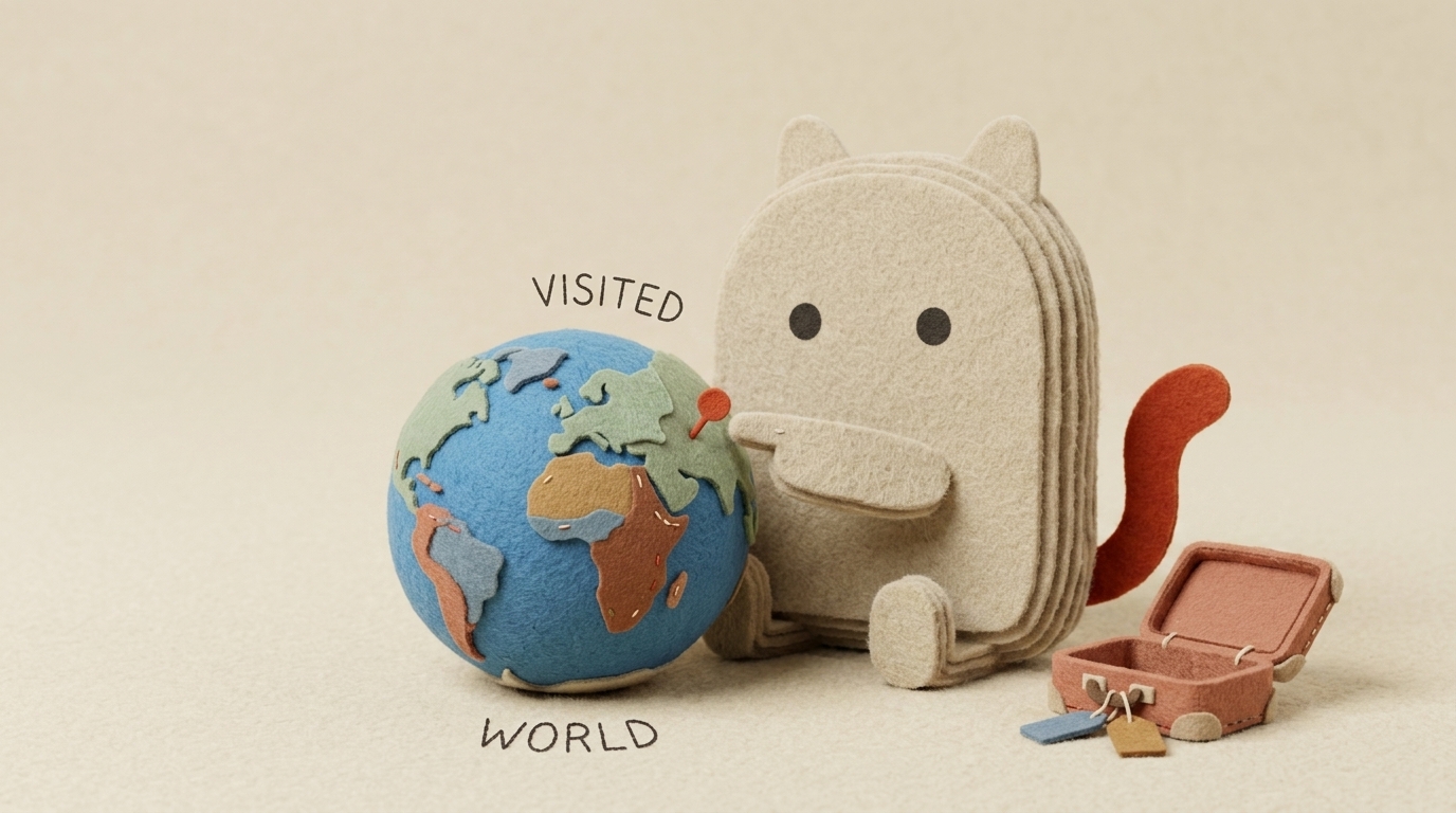 Vinfelt mascot travel illustration showing vinfelt pointing at a felt globe